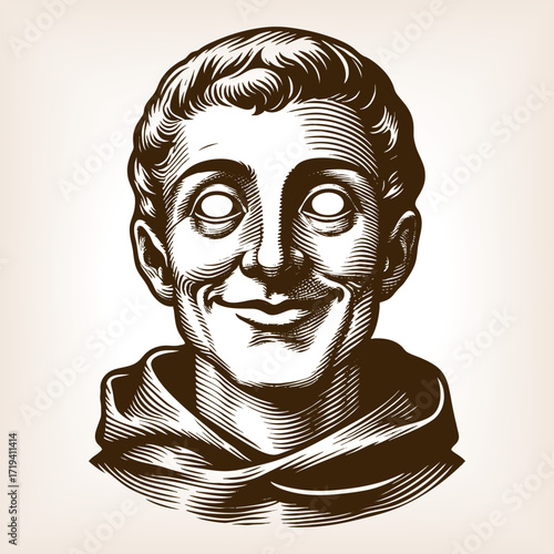 monk with a cheerful smile and eerie hollow eyes, unsettling surrealism sketch engraving generative ai fictional character vector illustration. Scratch board imitation. Black and white image.