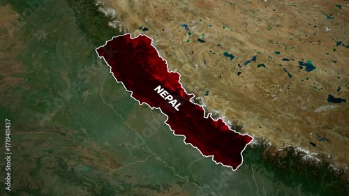 Satellite view of Nepal highlighting its geographical location and boundaries