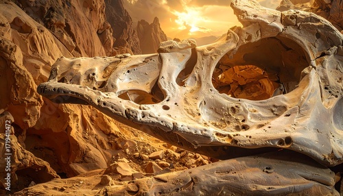Discover fossilized dinosaur skull in desert sunset