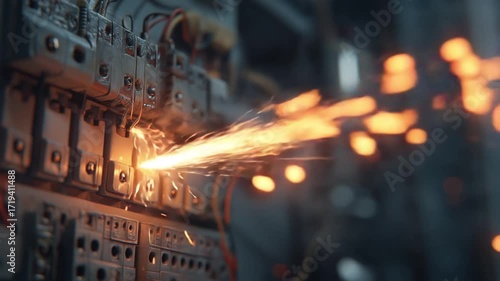 Electric sparks flying from circuit breakers in industrial setting  