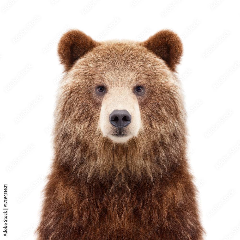 Obraz premium Realistic close-up portrait of a majestic bear against a plain background showcasing its detailed fur and captivating eyes