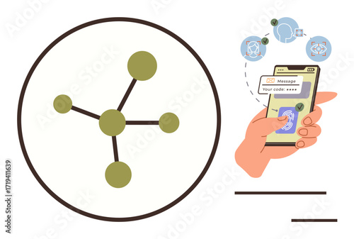 Hand holding smartphone with OTP screen, interconnected network diagram. Ideal for cybersecurity, digital banking, mobile security, data protection, tech education, network visualization, simple flat