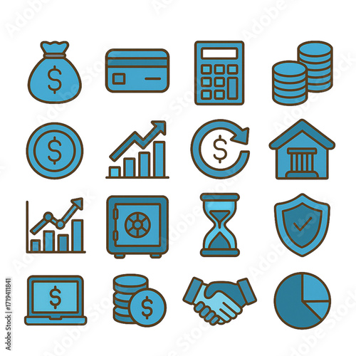 Financial icons in blue and brown style for business concepts  