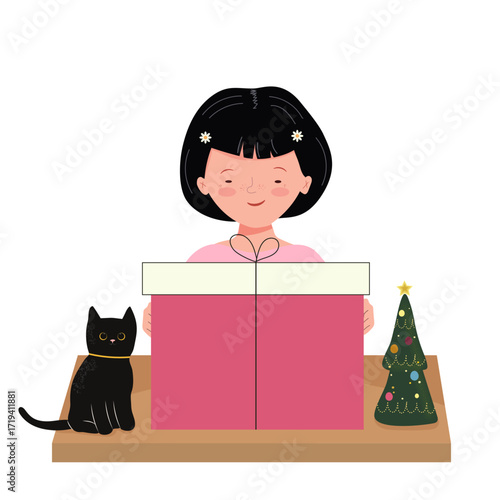 Cute girl holding big gift box in front of her in arms. Flat style vector illustration