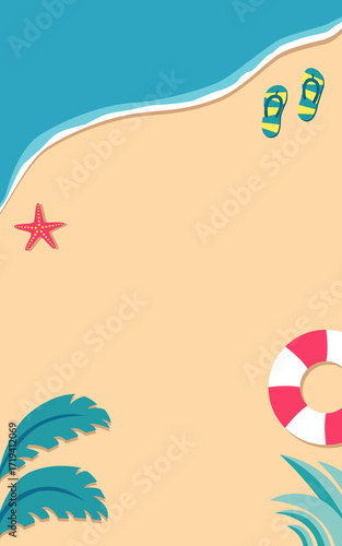 Sandy beach background with sea, swimming circle, starfish.