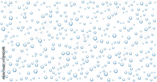 Carbonated water with 3d gas balls texture. Underwater fizzing air bubble flow  on white background. Realistic soda effect, blue sparkling drink. Effervescent tablet.