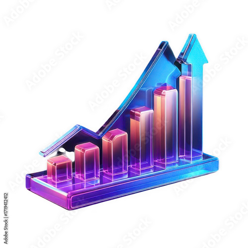 3d growth graph icon holographic gradient effect on isolated transparent background