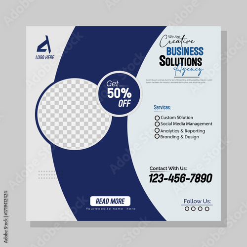 Modern Business Marketing Social Media Template with 50% Discount Offer.