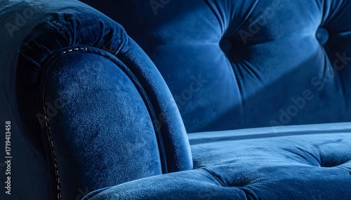 Luxurious deep blue velvet sofa upholstery detail