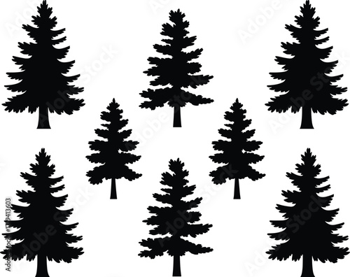 Pine tree silhouettes, conifer forest shapes, evergreen nature design, alpine woodland art, mountain landscape trees, outdoor botanical illustration, winter forest scene
