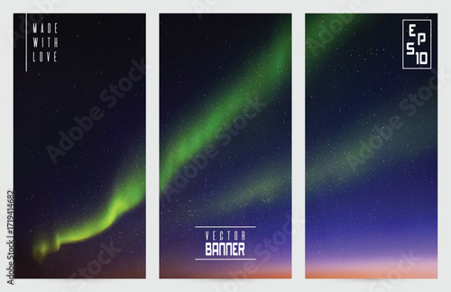 Northern lights. Green aurora borealis. Abstract vector banner set