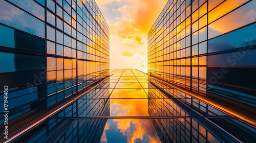 Modern glass buildings reflecting a vibrant sunset sky
