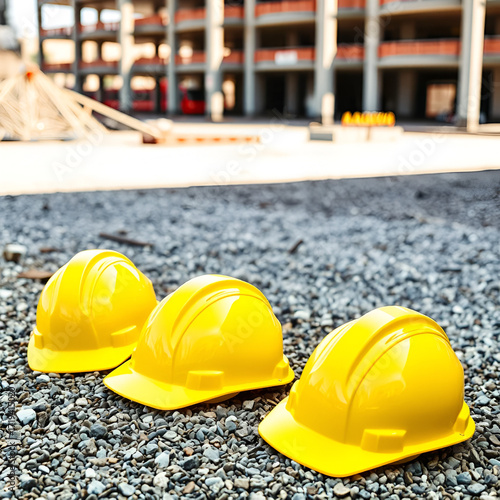 This image depicts bright yellow construction helmets resting on gravel at a construction site, emphasizing safety and diligence on the job.