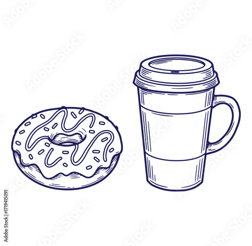 Hand drawn donut with glaze and a takeaway coffee cup on white background illustration