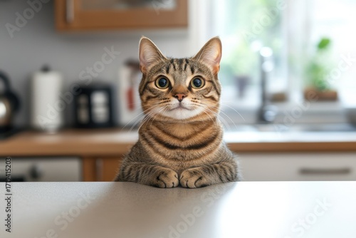 Wallpaper Mural Curious tabby cat with wide eyes sitting on kitchen counter, showing playful and attentive expression in bright home environment Torontodigital.ca