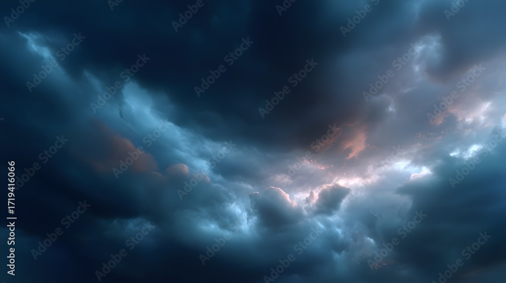 Obraz premium Dramatic stormy sky background with dark textured clouds and subtle cinematic lighting, providing generous empty space for bold text overlay and intense atmosphere