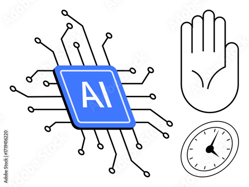 AI chip surrounded by circuits, hand gesture, and clock representing technology, time, and communication. Ideal for AI, robotics, innovation, digital transformation human interaction time tracking