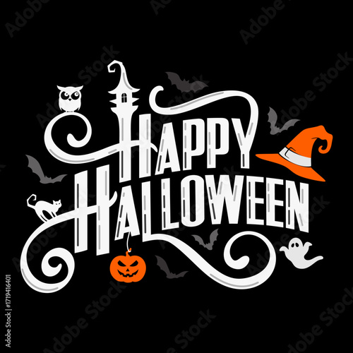 Happy Halloween social media post, party banner 
vector background with Happy Halloween lettering, Hand drawn typography, bats, pumpkin, owl, witch hat, ghost, cute icons
