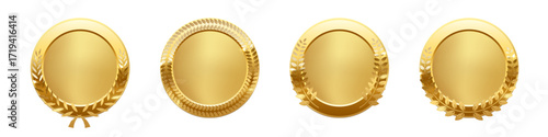 Set of gold medals with laurel decorations. Blank golden badges for awards, achievements, or certificates. Elegant circular frames for winner. Realistic vector illustration.