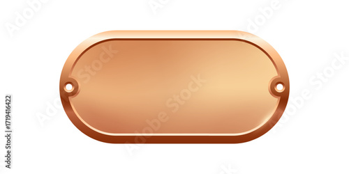 Blank bronze nameplate plaque with screw holes. Metallic oval label for engraving, signage, awards, door signs. Realistic vector illustration.