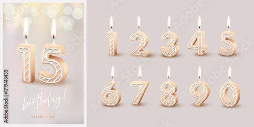 Birthday anniversary beige candles set template with number 15. Celebration birthday vector background. Beige wax numbers with candlelight on gray for party invitation, greeting card, poster, event.