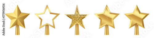 Christmas gold tree topper set vector illustration. Realistic 3D golden star decoration in deco style. Decorative traditional top of Xmas pine tree in winter season isolated on transparent.