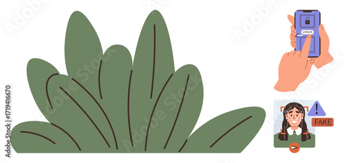 Lush green bush, hand using a smartphone for face ID authentication, and a fake news alert with a warning. Ideal for nature, security, misinformation, technology, authentication, online safety