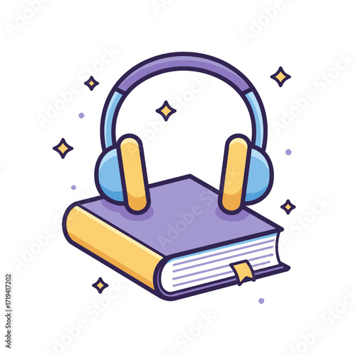 Illustration of headphones on book, audiobook and digital learning concept