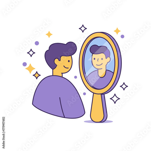 Cheerful person looking in mirror with stars, self-reflection and positivity concept
