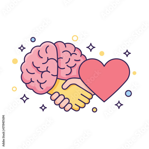 Brain and heart handshake illustration, symbol of emotional intelligence and collaboration