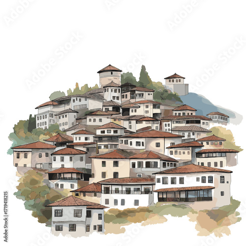Berat Old Town. Berat Old Town watercolor vector illustration