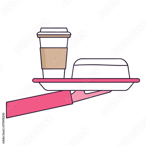 Restaurant food delivery icons coffee cup and takeout container on tray service 
