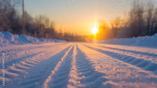 Winter road at sunrise with tire tracks and snow covered trees in the background