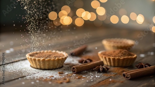 Delicate cinnamon dust falling over freshly baked tarts on a rustic wooden table surrounded by soft ambient lights