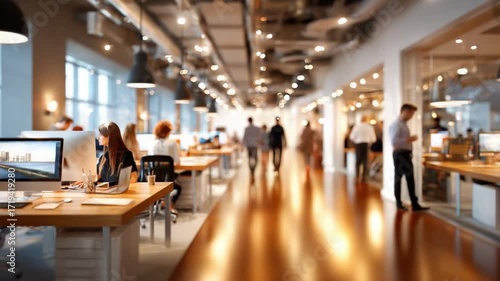 Wallpaper Mural Modern Workspace: A bustling modern office space is abuzz with activity, as professionals work and collaborate, illuminated by the warm glow of interior lighting, portraying an image of innovation. Torontodigital.ca