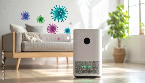 White air purifier emitting mist indoors near window, surrounded by illustrated virus particles to depict airborne purification.