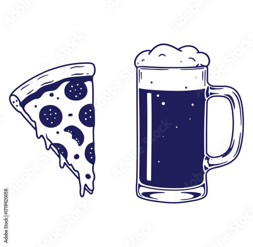 Hand-drawn illustration of a pepperoni pizza slice and a beer mug with foamy head