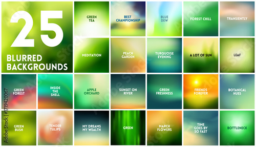 BIG set of 25 square blurred nature green backgrounds. With various quotes. Sunset and sunrise sea forest blurred green background