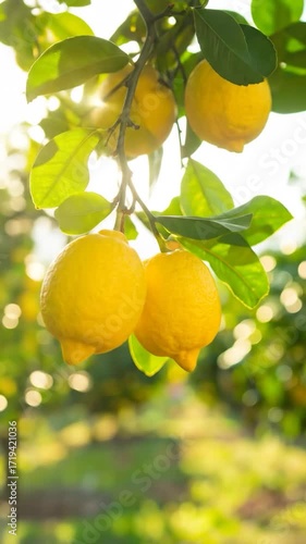 Bright lemons hang from a tree branch, leaves and sunlit bokeh behind