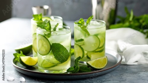 Refreshing Cucumber Lime Drink with Mint in Glasses on Gray Plate with Ice Cubes and Shaker Still Life