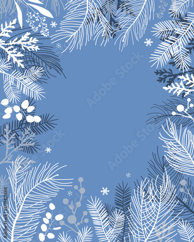 Christmas floral rectangle frame, Happy Holidays invitation card design vector. Elegant Happy New Year card with pine leaves, branches, snowflakes on blue background.