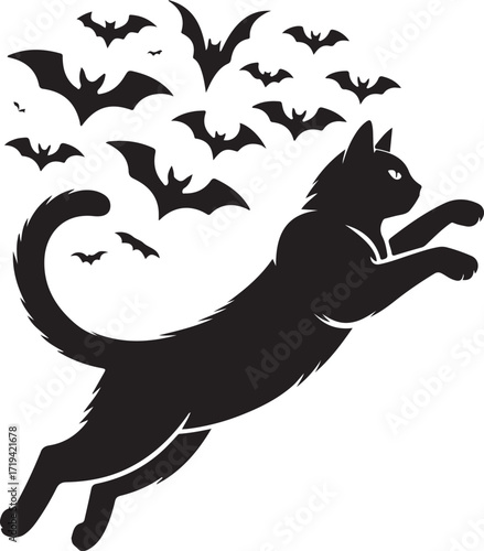 Halloween cat chasing bats silhouette vector