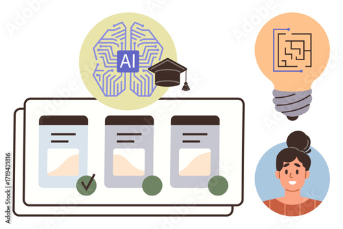 AI circuit with a graduation cap, jars with data options, thoughtful lightbulb, and a smiling human. Ideal for education, decision-making, innovation, technology, machine learning analysis user