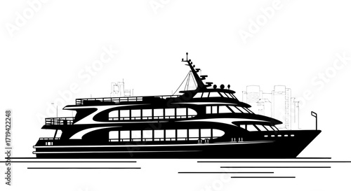 A sleek, modern passenger ferry gliding across calm waters under a stylized cityscape