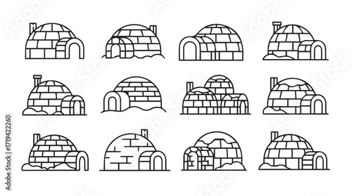 Collection of hand-drawn igloo dwellings in various styles and sizes arctic homes silhouette