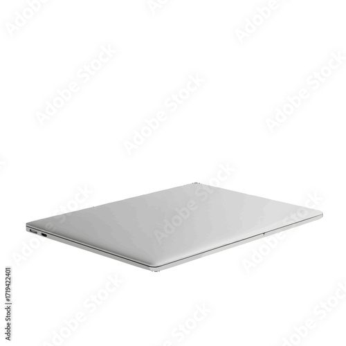 A modern, slim silver laptop sits angled, offering a sleek, minimalist aesthetic perfect for technology or business themes.
