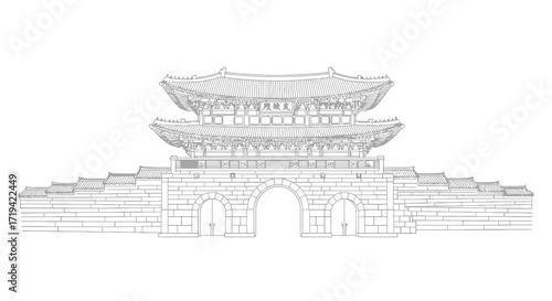 Elegant architectural line drawing of a traditional Korean royal palace gate