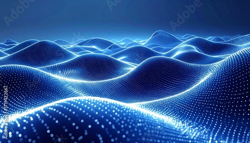 Abstract futuristic background with glowing blue particle waves forming a digital landscape, representing network data and technology