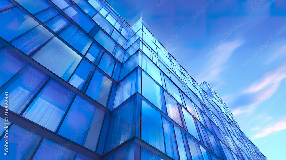 Fototapeta premium Modern glass office building with reflective windows under blue sky with soft clouds, showcasing sleek architecture and urban design in vibrant city atmosphere