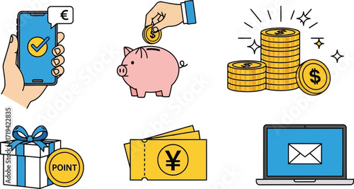 3d collection of icons representing financial transactions, savings, and rewards
